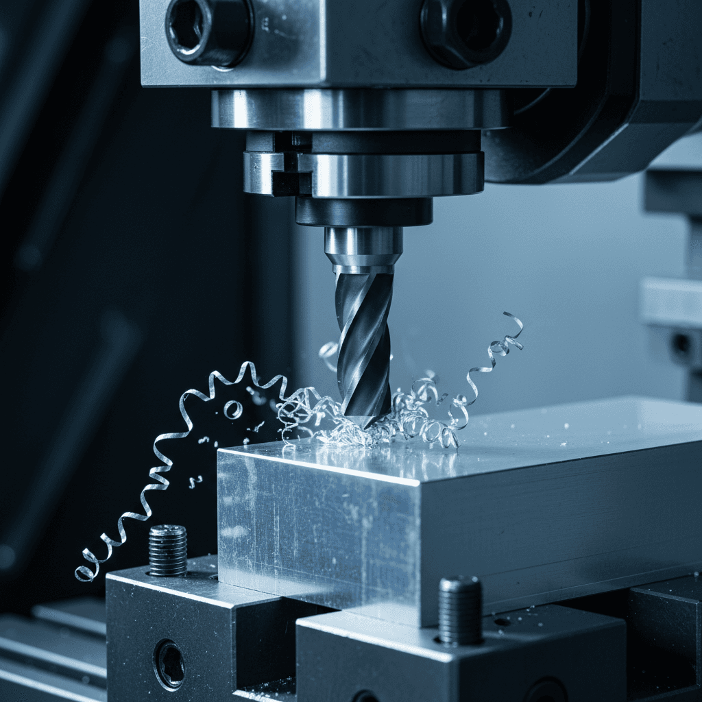 Close-up of a CNC deburring tool finishing a metal part