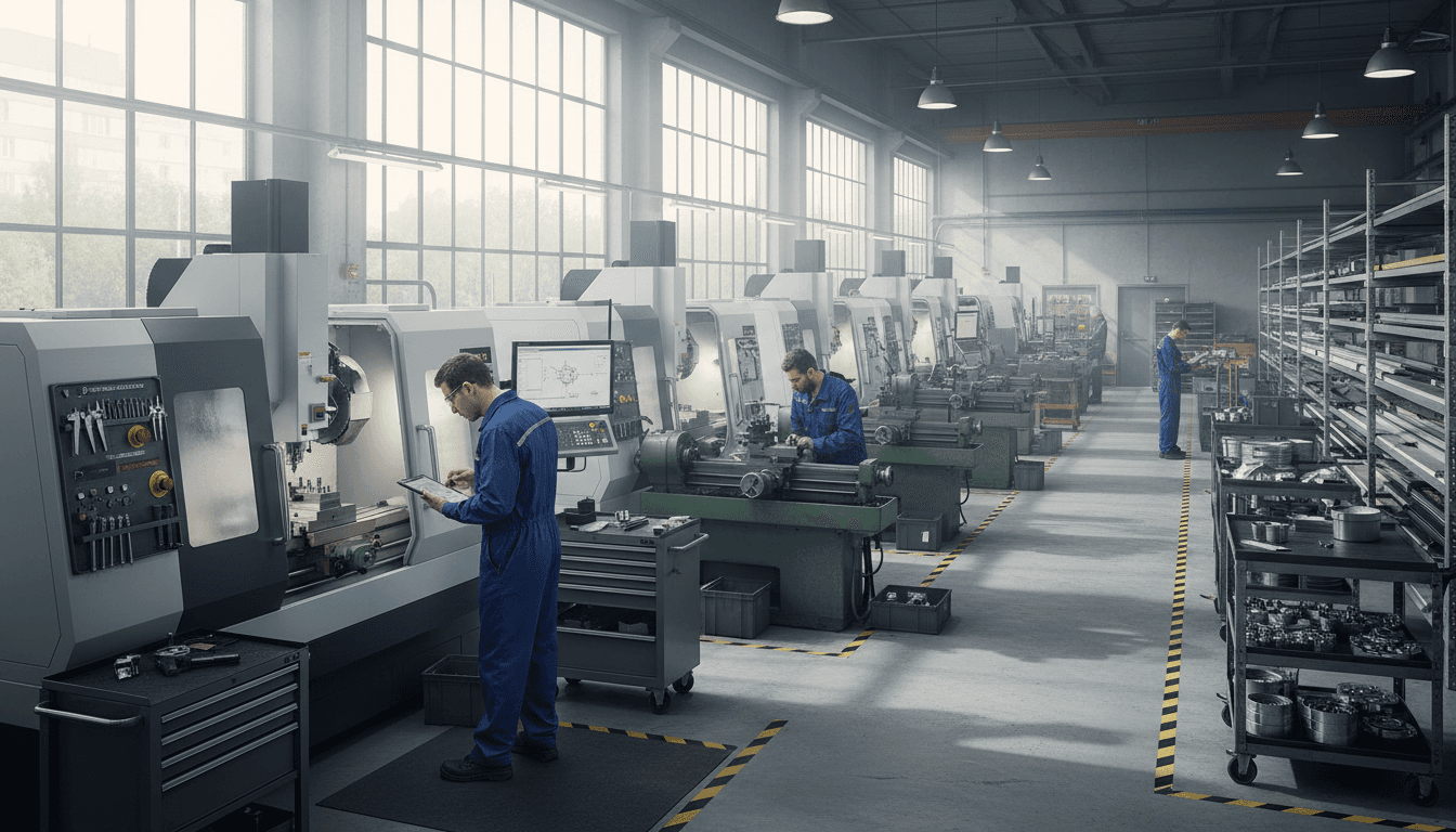 Manufacturing shop interior with CNC equipment