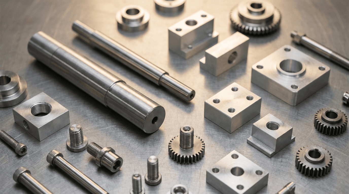 Deburred precision metal components on a workbench