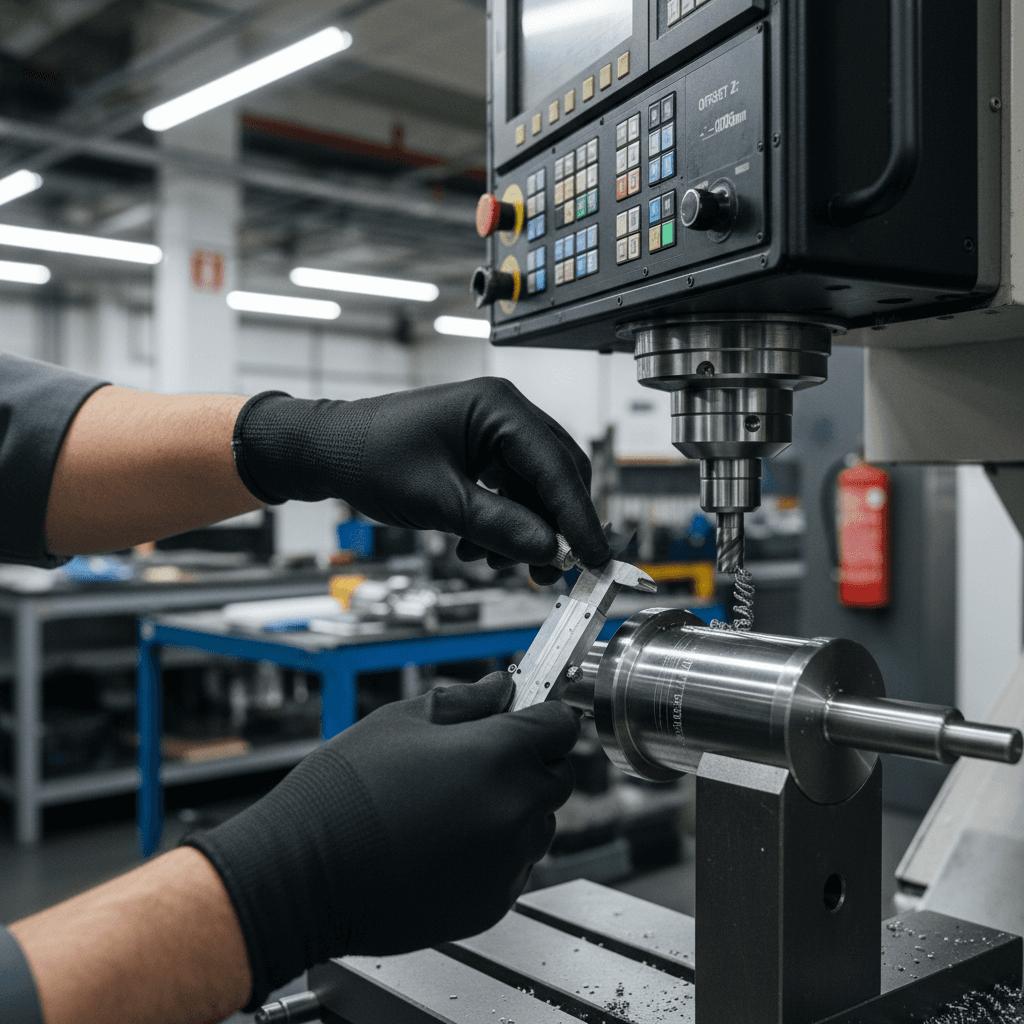 professional machinist adjusting a deburring tool at a workstation in a modern machine shop
