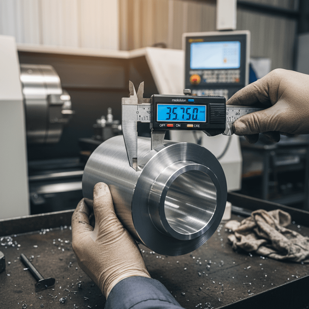 cnc machinist inspecting a precision metal part with calipers in a clean manufacturing workshop