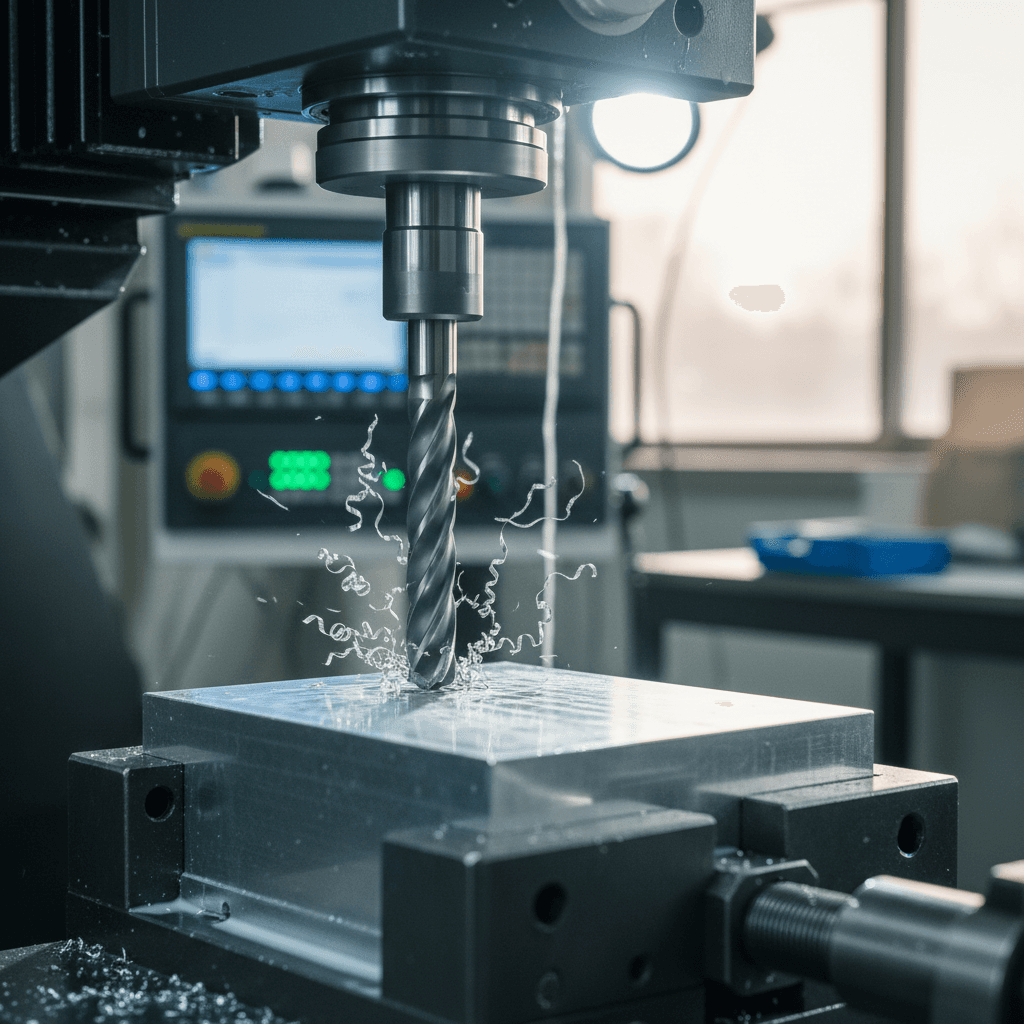 Deburring tool removing shavings on CNC machine