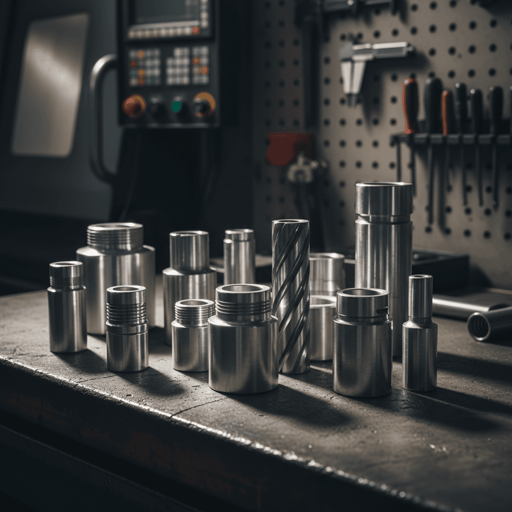 Assorted finished CNC machined metal parts with smooth, deburred edges laid out on a workshop table
